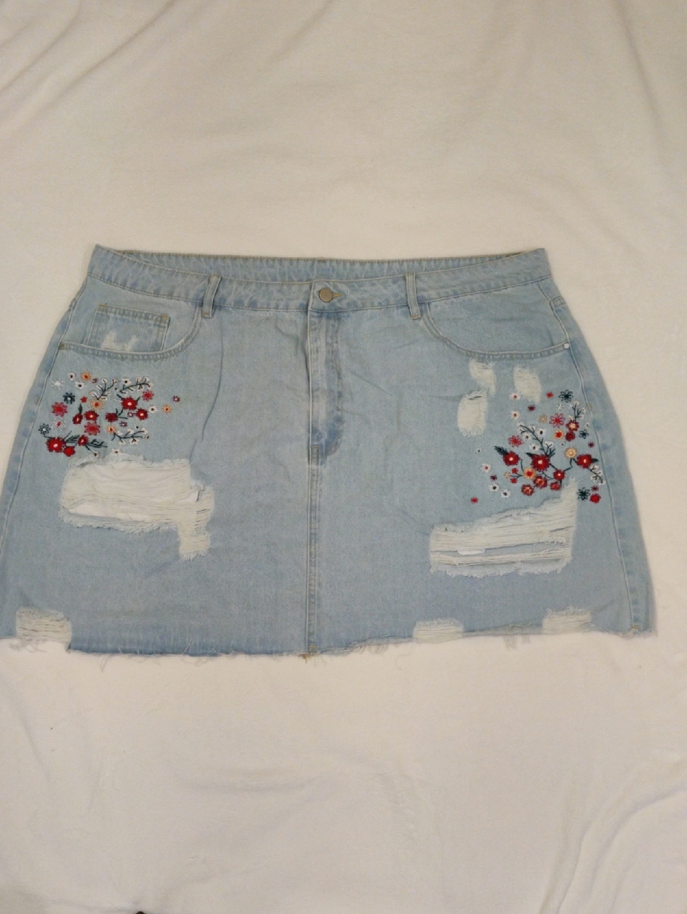 Cider Light Wash Denim Mini Skirt with Red Floral Embroidery